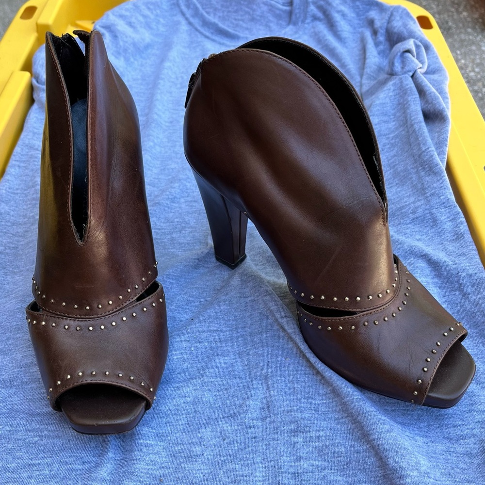 Franco Sarto Brown Leather Peep Toe Ankle Booties with Gold Dots
